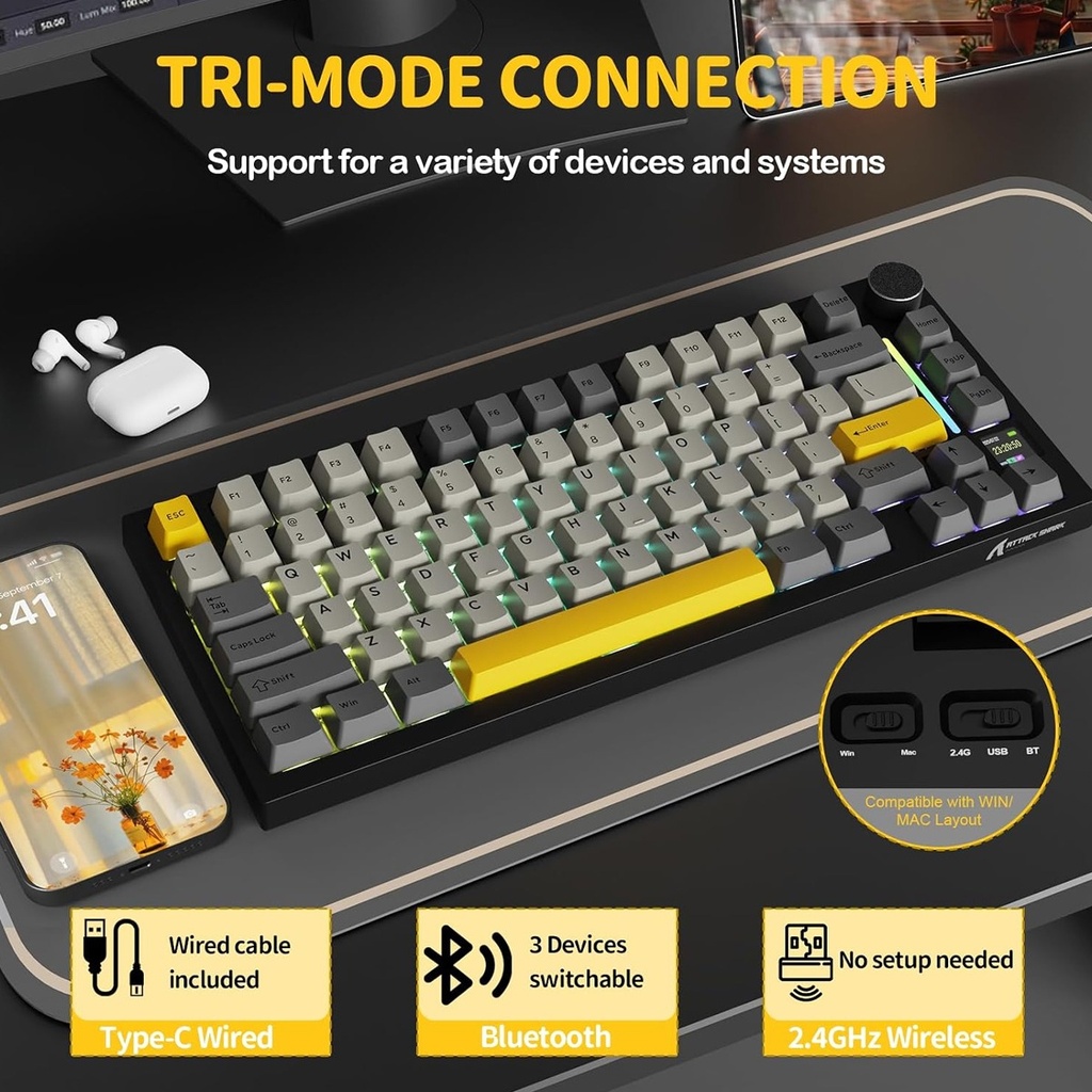 ATTACK SHARK X820 Ultra RGB Tri-Mode Mechanical keyboard PBT KeyCaps Starry black Gift Switch