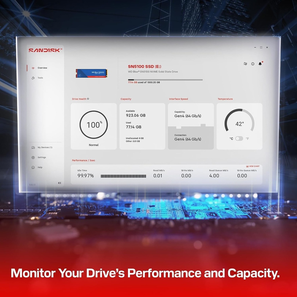 SanDisk WD Blue SN5100 1TB NVMe SSD PCIe 4.0, Read Speeds Up to 7,100MB/s