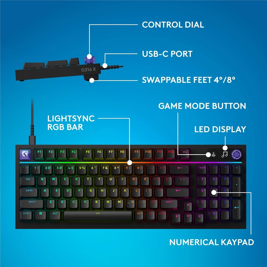 Logitech G316 X 98 RGB Lighting Wired Mechanical 8KHz Gaming Keyboard Tactile Switch - Black