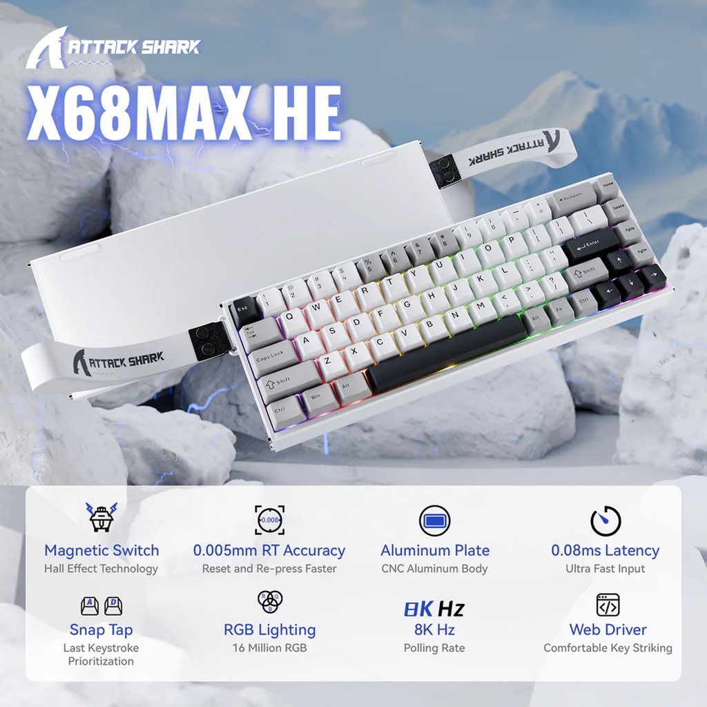 Attack Shark X68 Max Wired Megnatic Swtich 8000Hz Polling Rate, 0.0005mm RT - White Contour Line 2