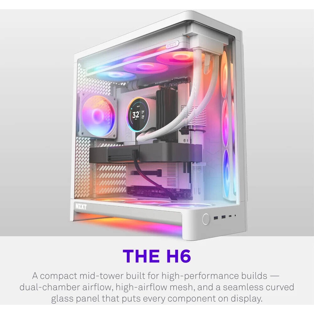 NZXT H6 RGB+ (2026) Dual-Chamber ATX Mid-Tower Airflow Two Panel Front & Left Side Tempered Glass Case With 3 RGB Fans - White
