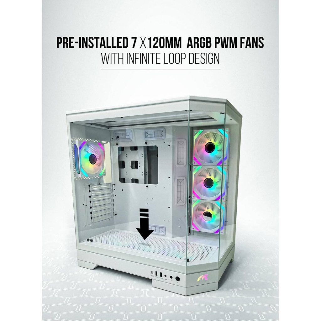 Tortox Prism ATX Full Tower Two Panel Front & Left Side Tempered Glass Case with 7 ARGB Fans - White