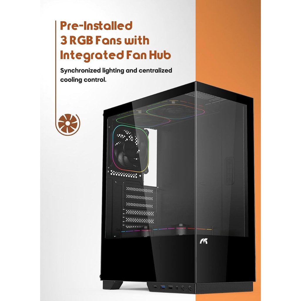 Tortox Nimbus E-ATX Fornt & Left Side Tempered Glass Case With 3 RGB Fans - Black