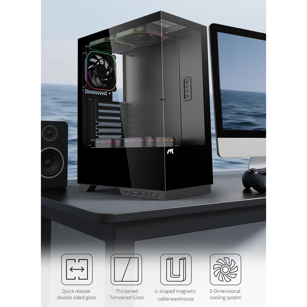 Tortox Nimbus E-ATX Fornt & Left Side Tempered Glass Case With 3 RGB Fans - Black