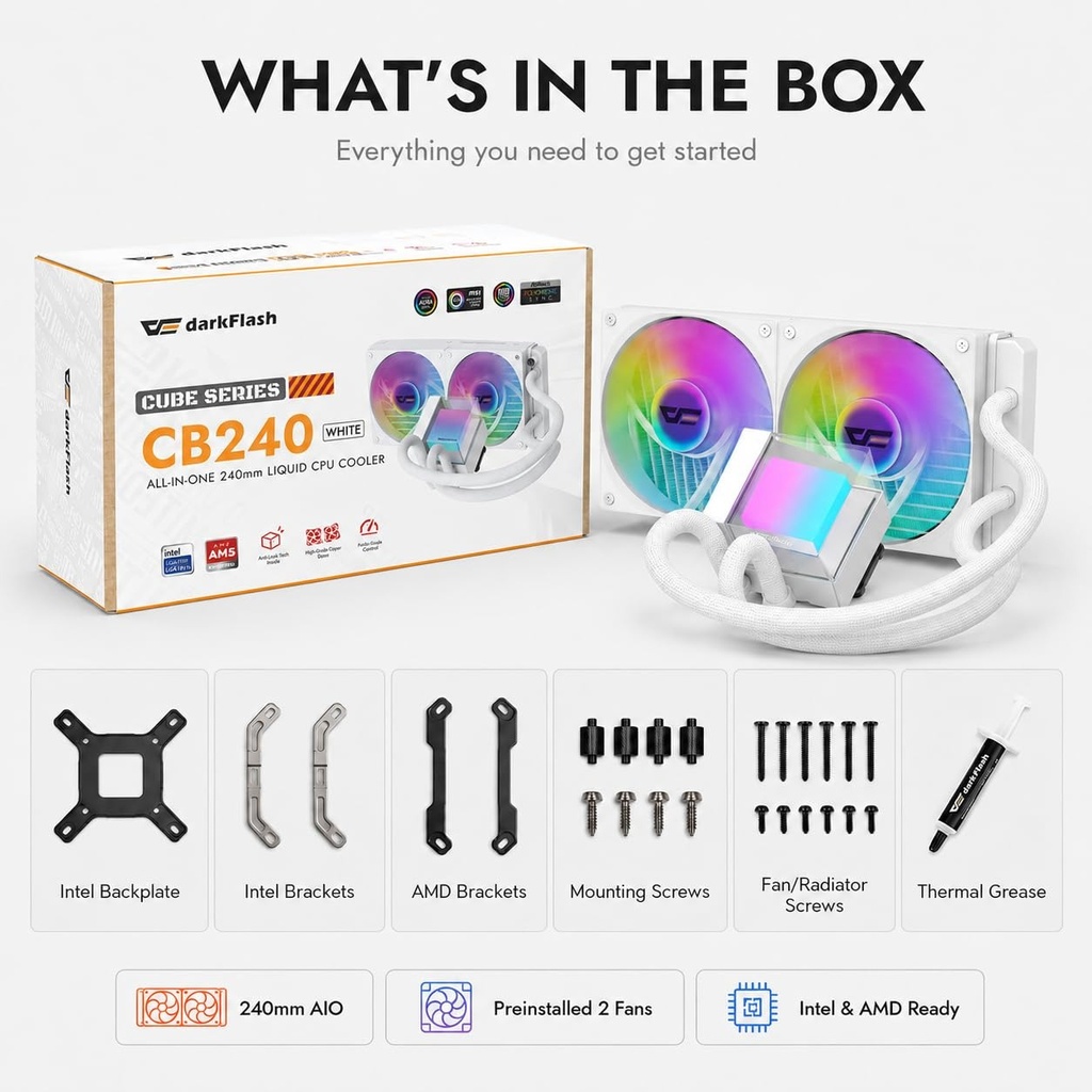 DarkFlash Cube CB240 ARGB AIO 240mm Liquid CPU Cooler - White