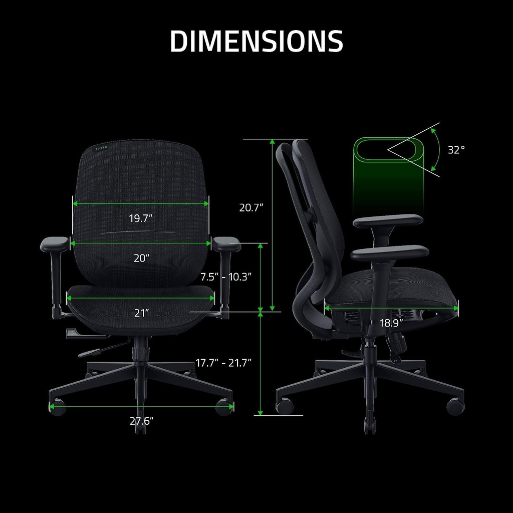 Razer Fujin Mesh Ergonomic Gaming Chair With 136 degree Recline, Adjustable Lumbar, High Seat Height, Padded Armrests Ultra-Durable - Black