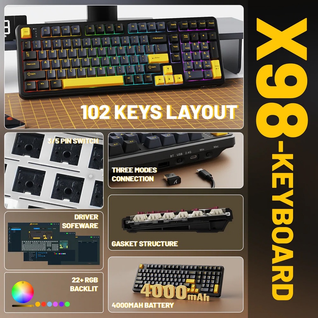 Attack Shark X98 Wired+2.4G & BT Tri-Mode Switch RGB Keyboard - Star Black + StrawBerry Switch