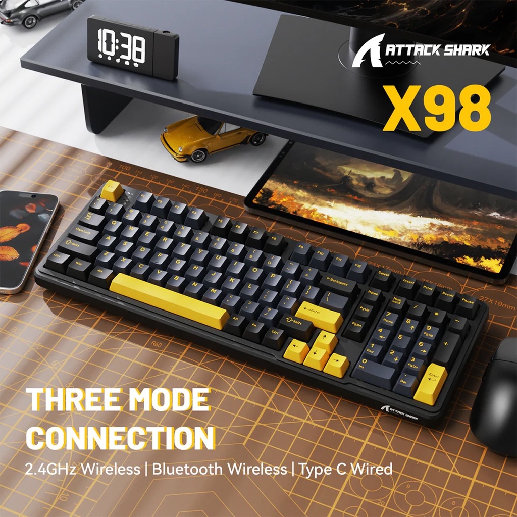 Attack Shark X98 Wired+2.4G & BT Tri-Mode Switch RGB Keyboard - Star Black + StrawBerry Switch