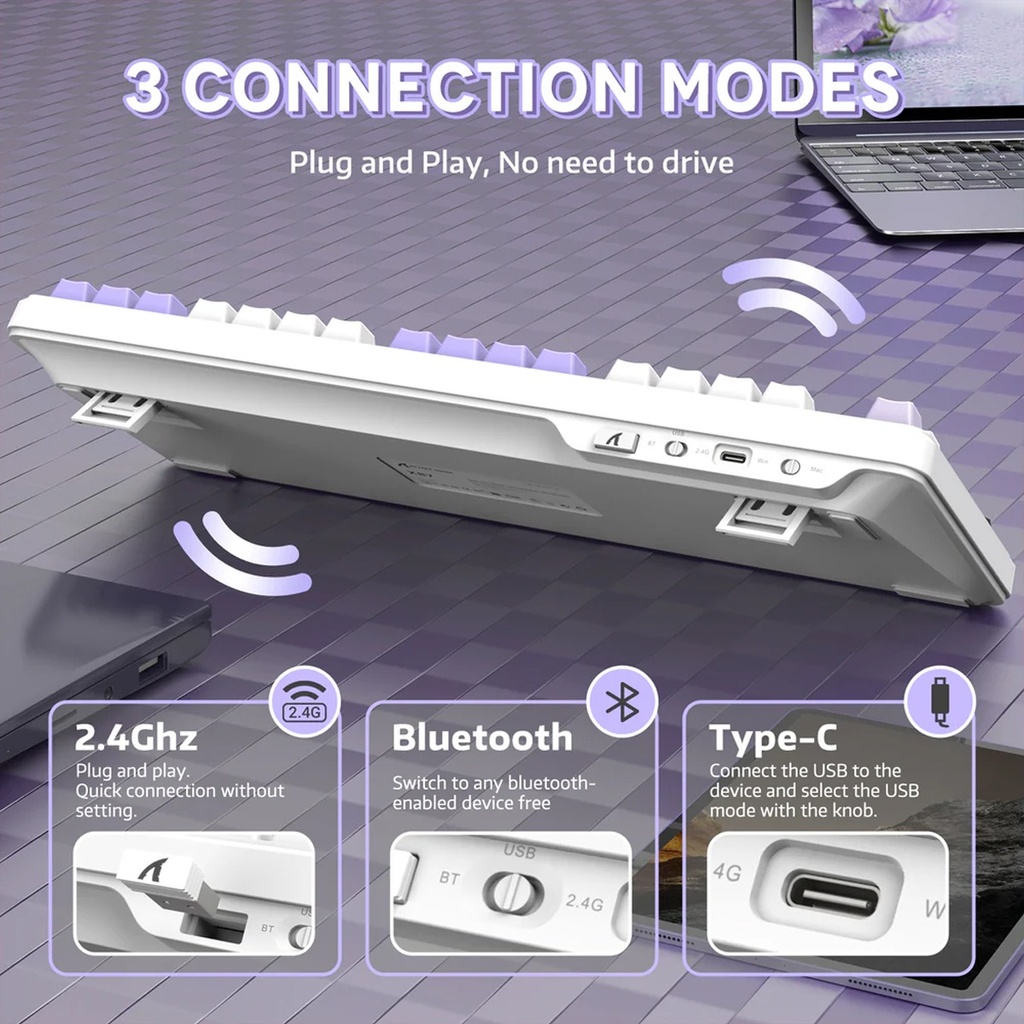 Attack Shark X87 RGB Wired+2.4G & BT Tri-Mode Switch Keybaord RGB backLit, Macro Programmable - Twillight Purple + Strawberry Switch