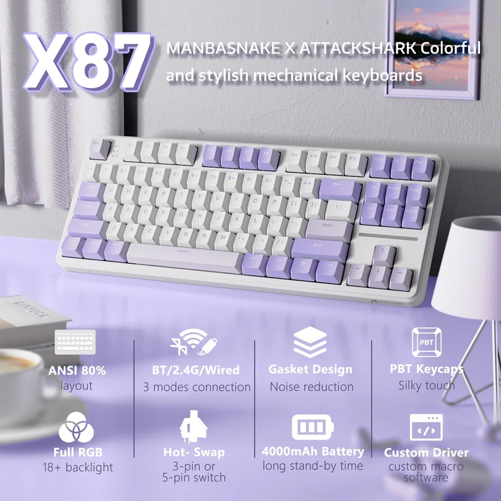 Attack Shark X87 RGB Wired+2.4G & BT Tri-Mode Switch Keybaord RGB backLit, Macro Programmable - Twillight Purple + Strawberry Switch