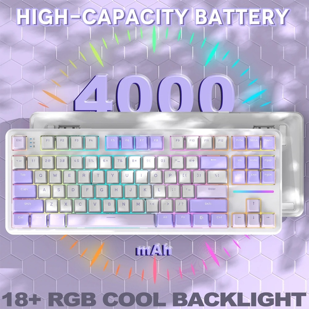 Attack Shark X87 RGB Wired+2.4G & BT Tri-Mode Switch Keybaord RGB backLit, Macro Programmable - Twillight Purple + Strawberry Switch