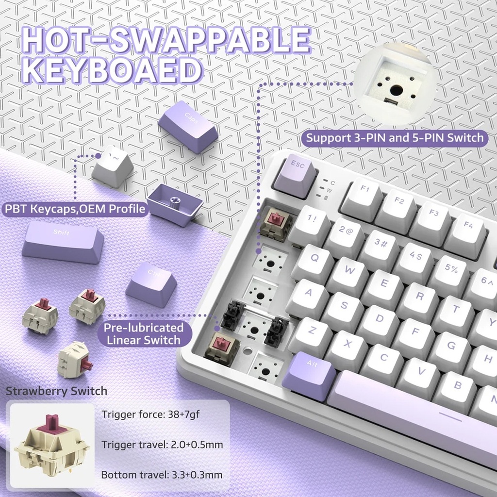 Attack Shark X87 RGB Wired+2.4G & BT Tri-Mode Switch Keybaord RGB backLit, Macro Programmable - Twillight Purple + Strawberry Switch