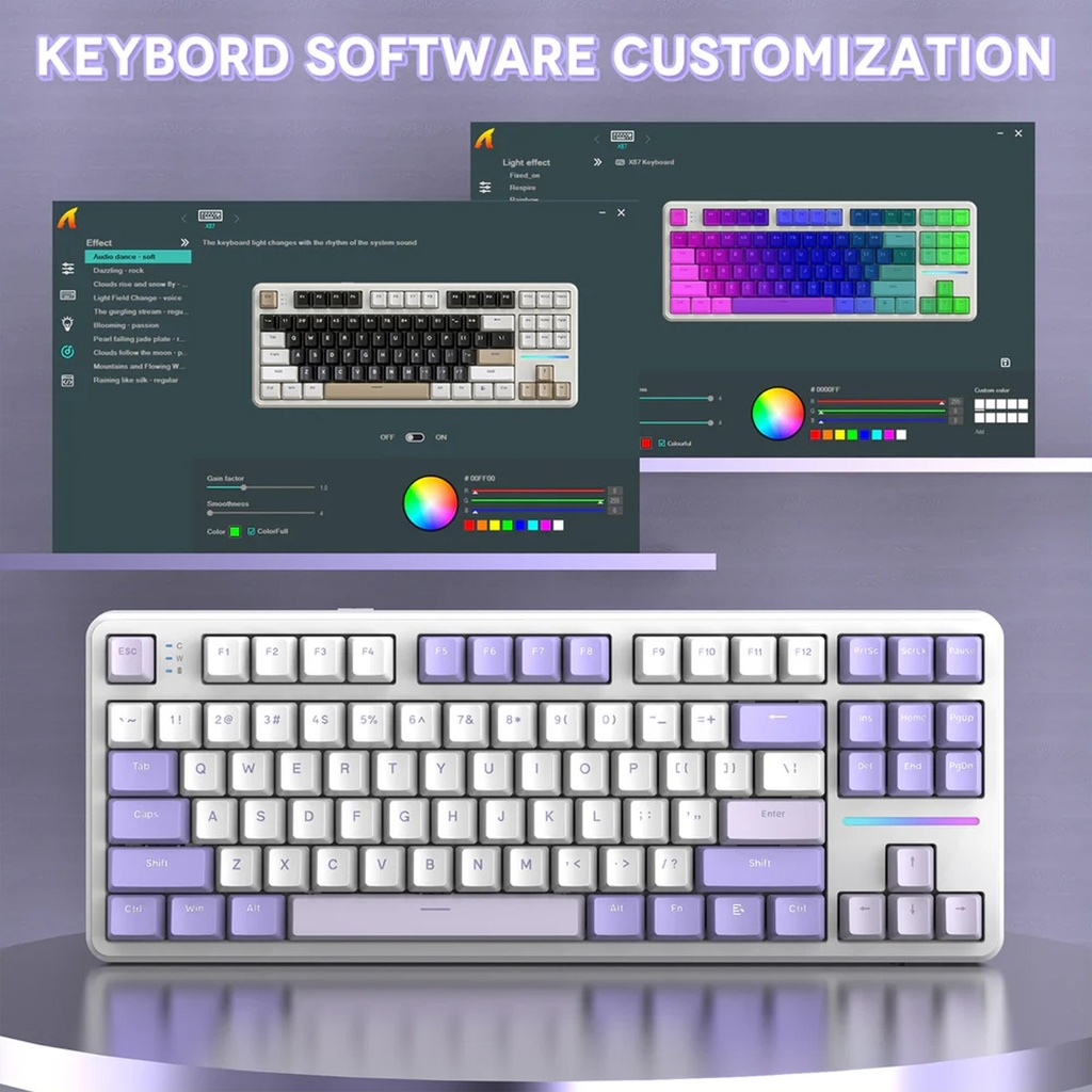 Attack Shark X87 RGB Wired+2.4G & BT Tri-Mode Switch Keybaord RGB backLit, Macro Programmable - Twillight Purple + Strawberry Switch