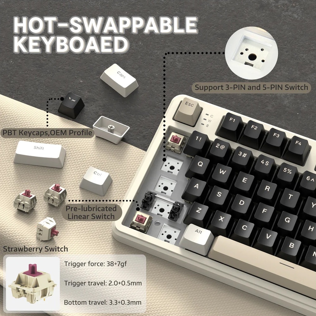 Attack Shark X87 RGB Wired+2.4G & BT Tri-Mode Switch Keybaord RGB backLit, Macro Programmable - Cheez White + Strawberry Swtich