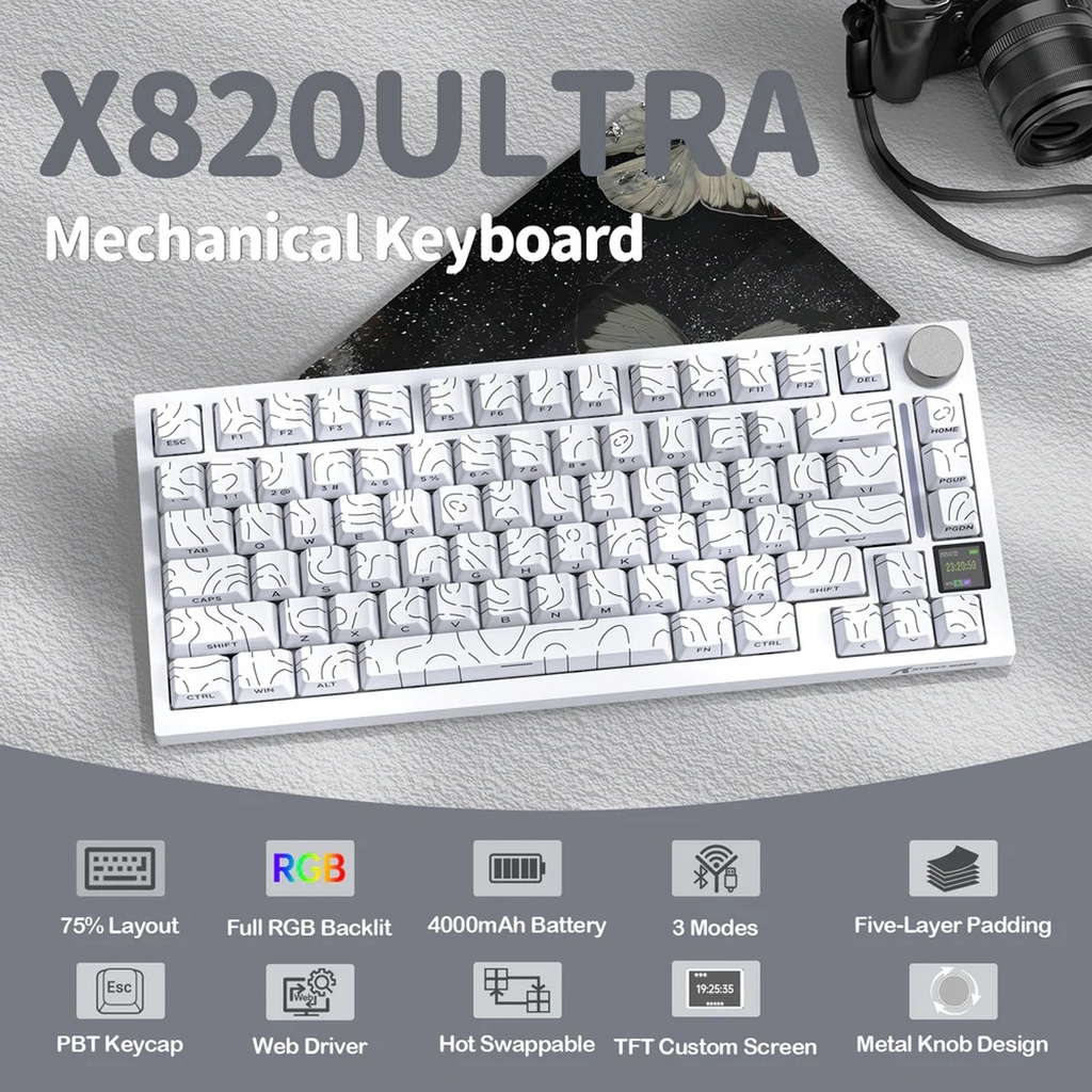 ATTACK SHARK X820 Ultra RGB Tri-Mode Mechanical Keyboard - White Contours + Shark Switch