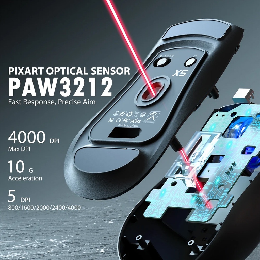 Attack Shark X5 RGB Wired+2.4Gz & BT Connection, Light Weight Design, Ergonomic Design 4000DPI Adustment - Black