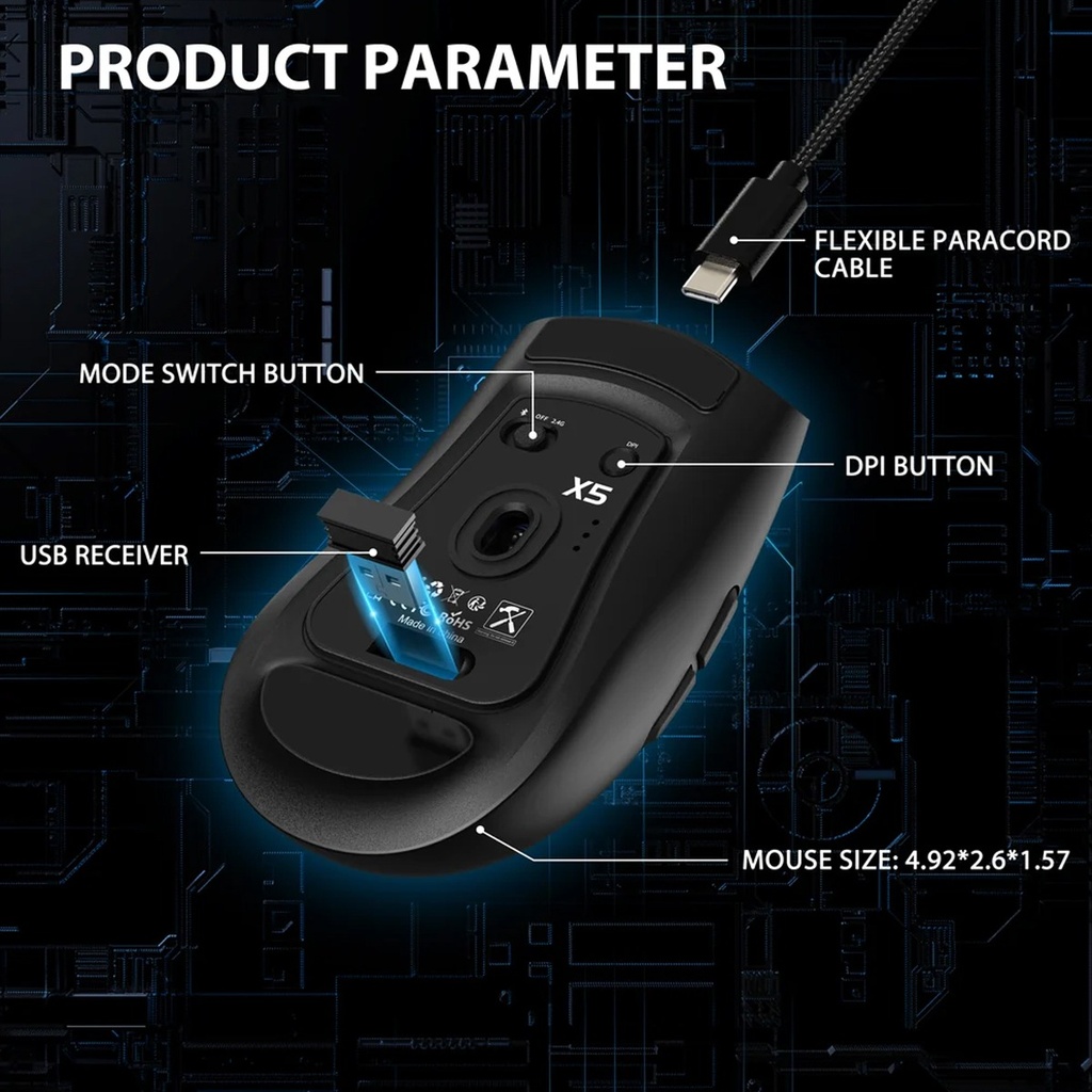 Attack Shark X5 RGB Wired+2.4Gz & BT Connection, Light Weight Design, Ergonomic Design 4000DPI Adustment - Black