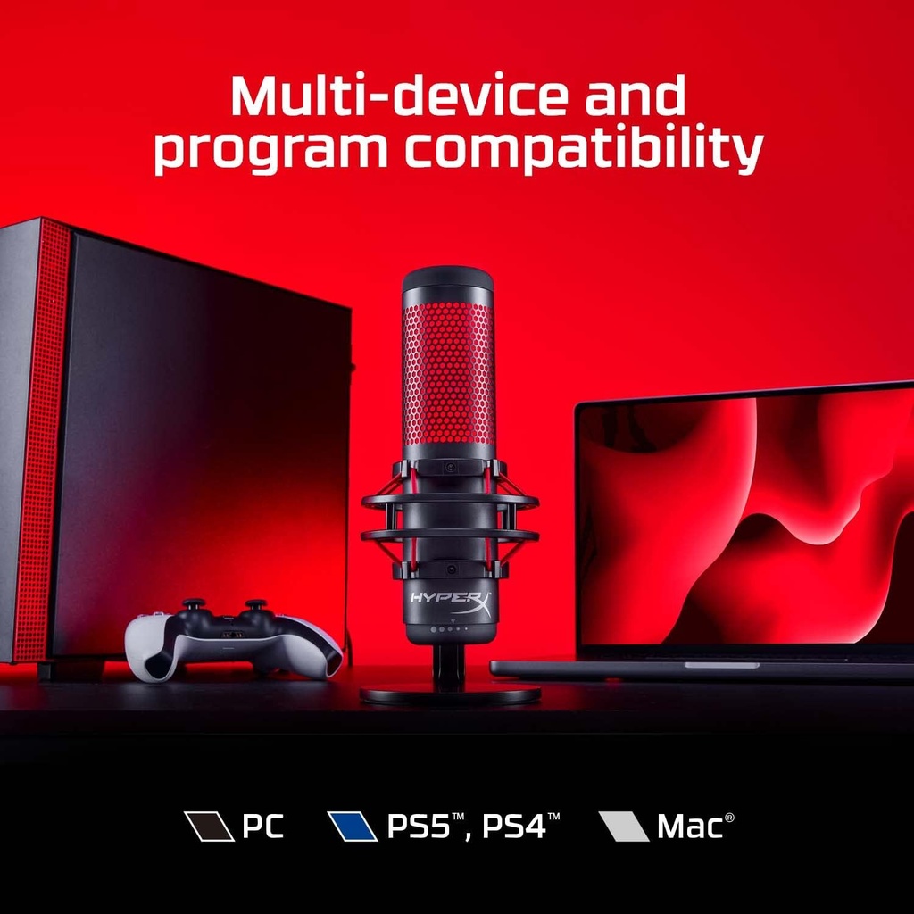 HyperX QuadCast - USB Condenser Gaming Microphone, for PC, PS4, PS5 and Mac, Anti-Vibration Shock Mount, Four Polar Patterns, Pop Filter, Gain Control, Podcasts, Twitch, YouTube, Discord, Red LED