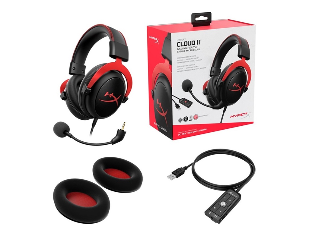HyperX Cloud II, 7.1 Surround Sound Wired Gaming Headset for PC, PS5, PS4, Xbox One, Switch - Red