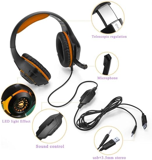 Beexcellent Gaming Headset GM-1 Over-Ear Wired 3.5mm Pro Surround Sound Gaming Headphone with LED Effect and Microphone for PC, Laptop, Tablet, PS4, Xbox, Cell Phone (Orange)