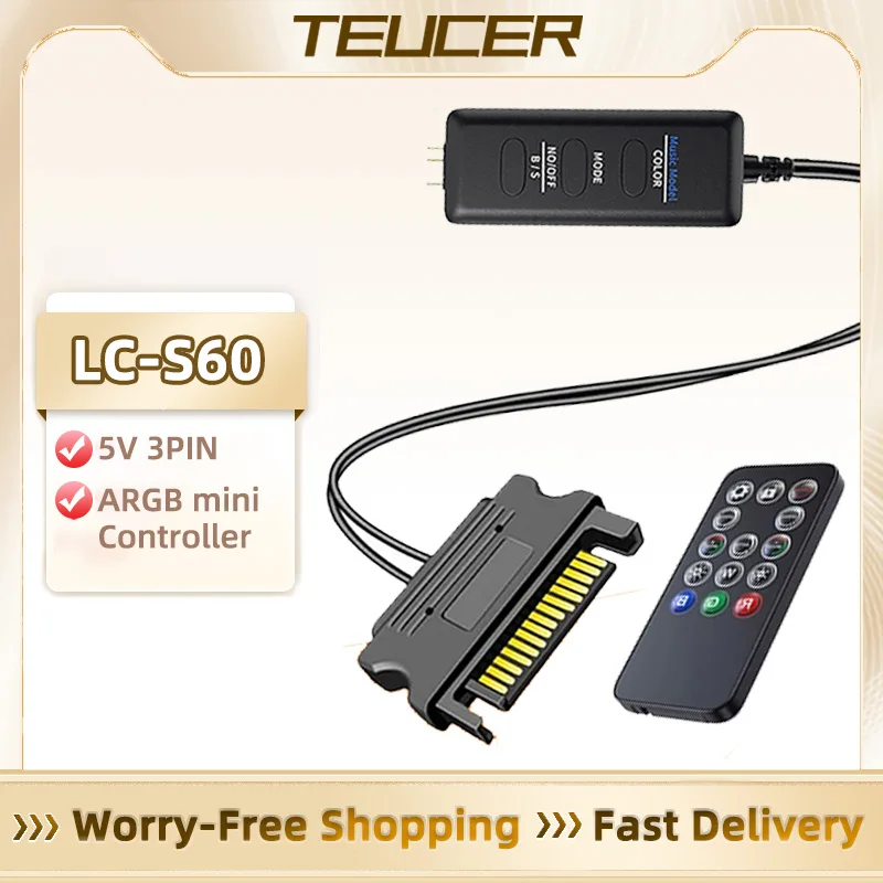 TEUCER LC-S60 ARGB Controller Cable 5V 3PIN to SATA Interface Extension Controller with Remote Control for PC Cooling Fan 