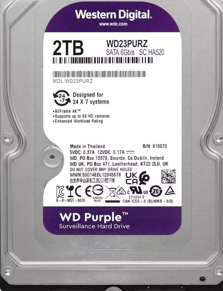 Western Digital Purple 2TB Internal Hard Drive Surveillance HDD 3.5" SATA WD23PURZ SEALED