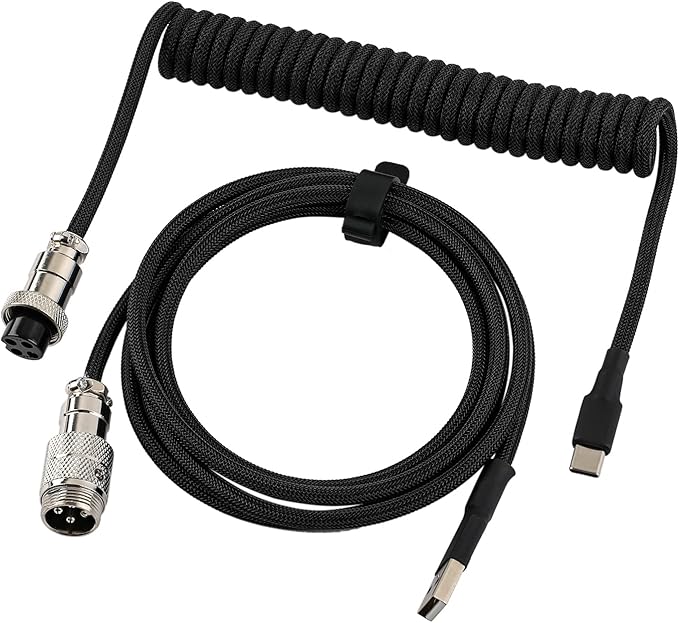 [CCU0N] Custom Coiled USB C Cable for Gaming Keyboard, Double-Sleeved Mechanical Keyboard Cable with Detachable Metal Aviator, 1.5M USB-C to USB-A, Classic Black Color