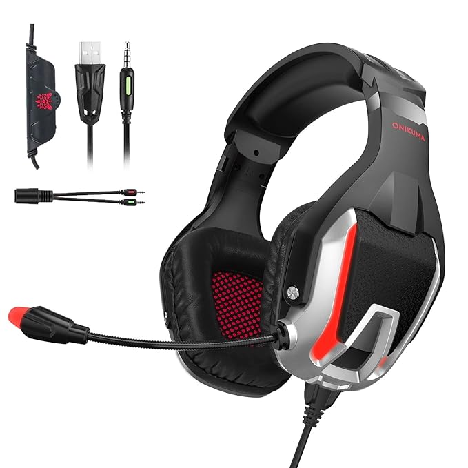 [OKS0U] ONIKUMA K12 Stereo Gaming Headset with Mic, Controls and LED Light for PC, PS4, Xbox and Mobiles - Red (مستعمل)