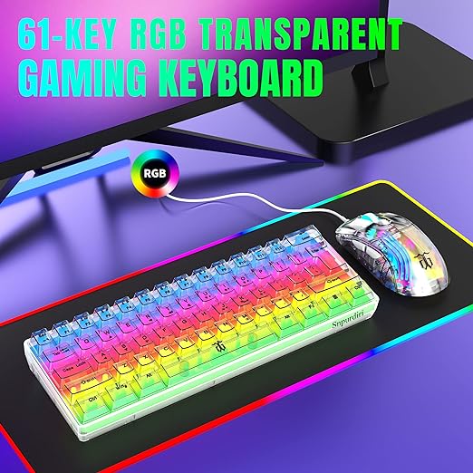 [S6W0N] Snpurdiri 60% Wired Gaming Keyboard, RGB Backlit Ultra-Compact Mini Keyboard, Waterproof Small Compact Transparent Keycaps for PC/Mac Gamer(White Transparent)