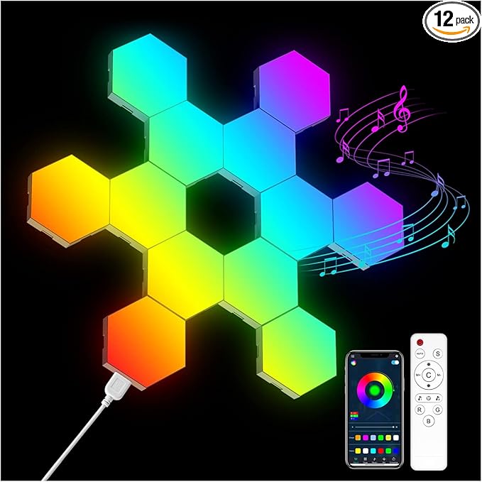 [HLW9N] Hexagon Lights Wall RGB Panel - Smart APP RGB Hexagonal Modular Gaming Light Music with Sync Honeycomb Shape Panels Hexagon Lights for Bedroom Children Room (12 Pack)