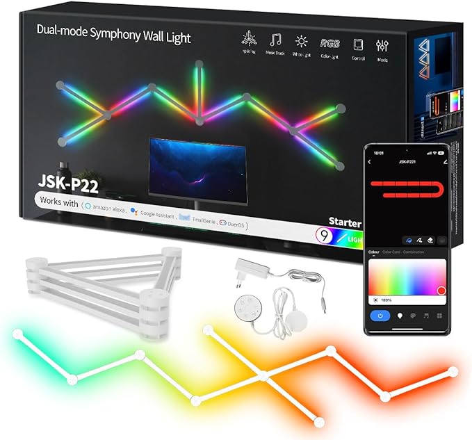 LED Smart Glide Wall Line Light, WiFi RGB LED Wall Light for Gaming Room, 16M+ Colors, Music Sync, Compatible with Alexa and Google Assistant(9 Light Lines,White)