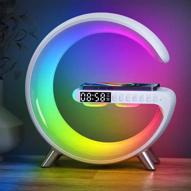 Smart Light Sound Machine, lámpara de mesa con cargador inalámbrico, reloj despertador con altavoz Bluetooth, lámpara de carga para estudio de oficina en casa, lámpara de carga para dormitorio 