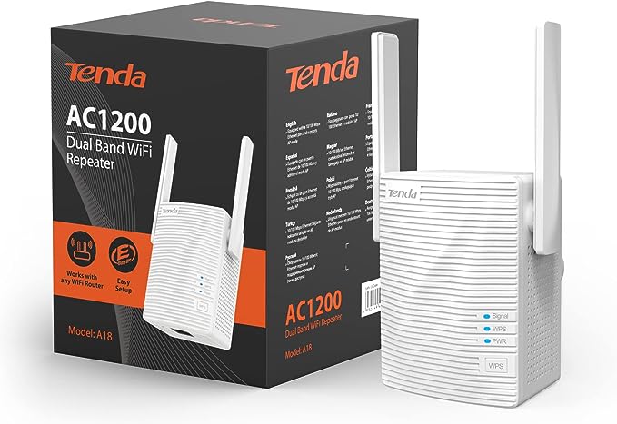 Tenda A18 AC1200 Dual Band Universal WiFi Repeater, Broadband/Wi-Fi Extender, Wi-Fi Booster/Hotspot, with 1 Ethernet Port, works with all broadband providers, UK Plug