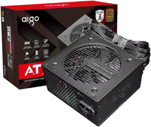 Aigo AT750 Non Modular Power Supply, 80 Plus Bronze Certification, 750W Power, Active PFC, Taiwanese 105° Capacitors, Hydraulic Bearing, 120mm Fan, Black | AT750