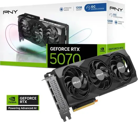 [PGR4N] PNY GeForce RTX 5070 OC Triple Fan Graphics Card, 12GB GDDR7 192-Bit Memory, 2.16 GHz Base Clock, 28 Gbps Memory Speed, 6144 CUDA Cores, PCI-Express 5.0 | VCG507012TFXPB1-O