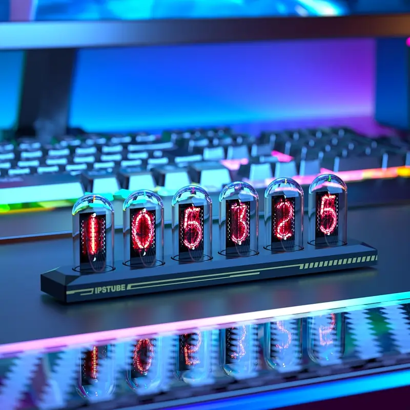 USB Powered RGB Nixie Tube Clock, IPS Color Screen, Corded Electric Aluminum Oval Alarm Clock,