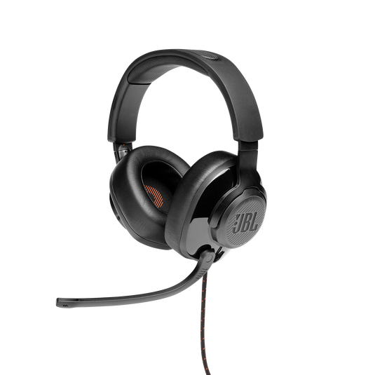 JBL Quantum 200 Wired Over-Ear Gaming Headphones, Voice-Focus Flip-Up Mic, QuantumSOUND Realistic Soundstage, Lightweight Headband, Memory-Foam Ear Cushion, PC and Gaming Consoles Compatible - Black.