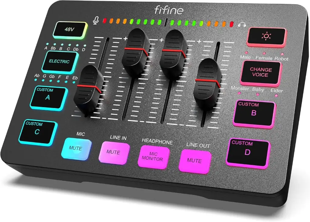 [FASGU] FIFINE AmpliGame SC3 Gaming USB Mixer with XLR/Headset Input, Monitoring, Line In/Out, Faders, Mute/Voice Effect/Sample, 20Hz - 20kHz Frequency Response, Up to 90dB, Mute Button | MI19