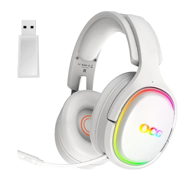 [OGHDN] OCG Gaming Headset Dual Wireless Lossless 2.4G Bluetooth Gaming Headphones with Detachable Microphone 50mm Speakers - for PC, PS4, PS5, Smartphone, MacBook, Notebook, Tablet (أبيض)