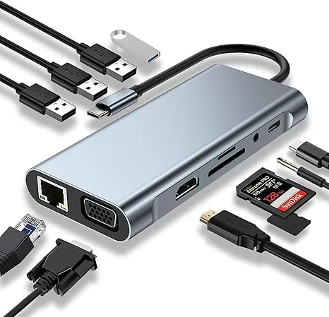 [HH4HN] USB C HUB, USB C Adapter 11 in 1 Dongle with 4K HDMI, VGA, Type C PD, USB3.0, RJ45 Ethernet, SD/TF Card Reader, 3.5mm AUX, Docking Station Compatible with MacBook Pro/Air, Other Type C Laptops
