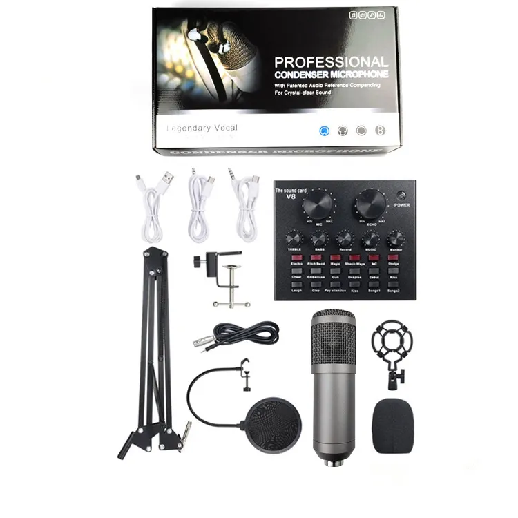 [PEBWX] Legendary Vocal Professional Condenser Microphone Podcast Equipment Bundle with BM800 Microphone and V8 Sound Card Podcast Equipment Metal Shock Mount Perfect for Phone
