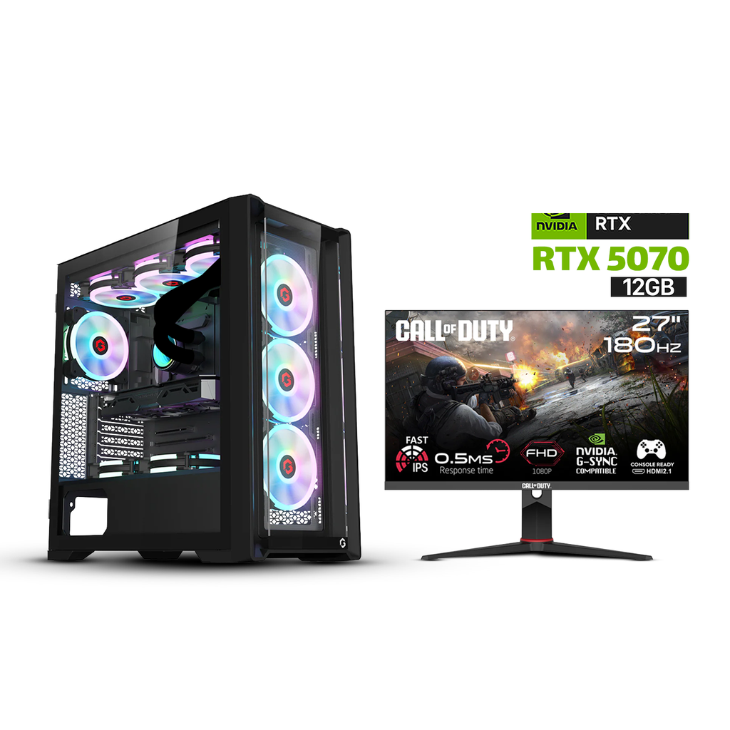 Gaming i7-13700F CPU, B760 DDR5 Motherboard, 32GB D5 RAM, 1TB NVMe SSD, RTX 5070 12GB, 850 WATT PSU, L240 Liquid Cooler, GameOn Vortex Mid Night Series Case 4x RGB Fans, Win 11 Pro (License) + GAMEON Call Of Duty 27’’ FHD 180Hz HDMI 2.1 Gaming Monitor