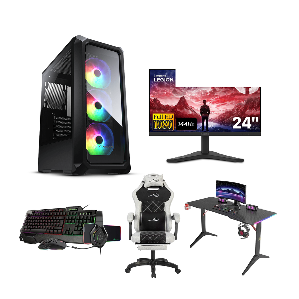 Gaming PC - Intel i5-12400F, H610 D4 Motherboard, 16GB DDR4, 1TB NVMe SSD, RTX 5050 8GB, 650 WATT PSU, Cougar Archon 2 With 3 ARGB Fans, Win 11 Pro, Lenovo Legion 24’’ FHD 144Hz Gaming Monitor, Royal RGB Desk & C23 Chair White, SharX Jaws Wired Bundle