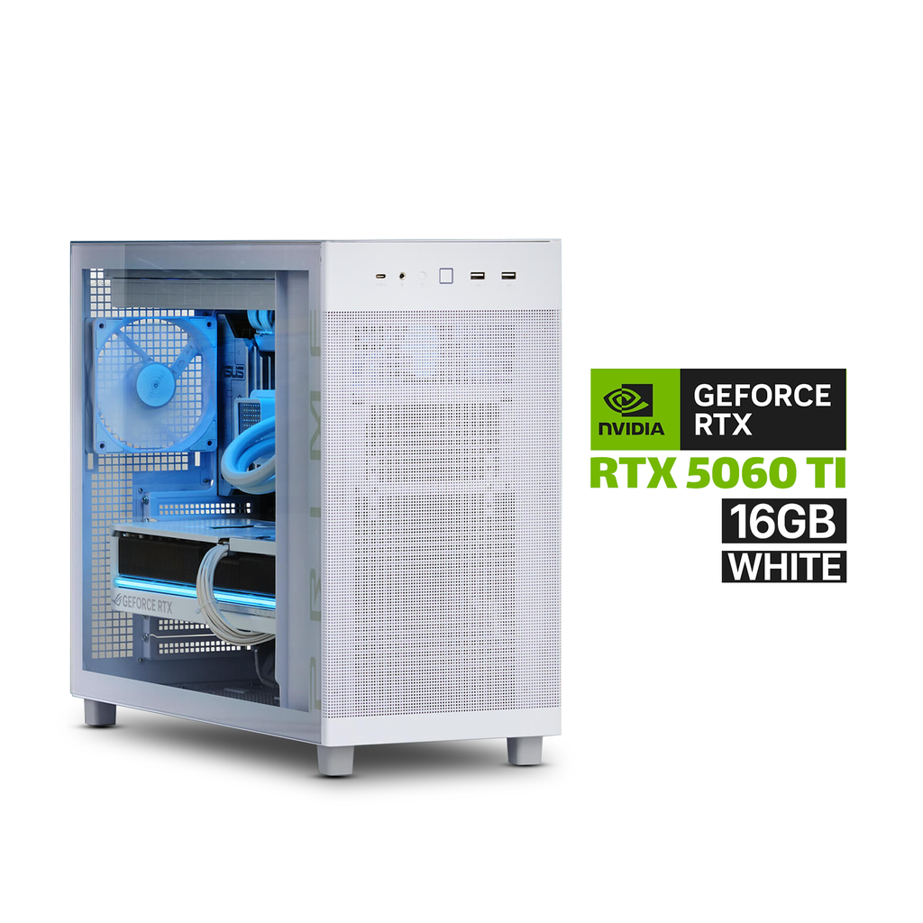 Gaming PC - RYZEN 7-9700X Processor, GigaByte B850M DS3H ICE Motherboard, 16GB DDR5 RAM, 1TB NVMe SSD, RTX 5060 TI 16GB VGA White, L240 Liquid Cooler White, 750 WATT GOLD PSU, Asus Prime AP303 Mid Tower Mesh Panel, Windows 11 Pro (License)