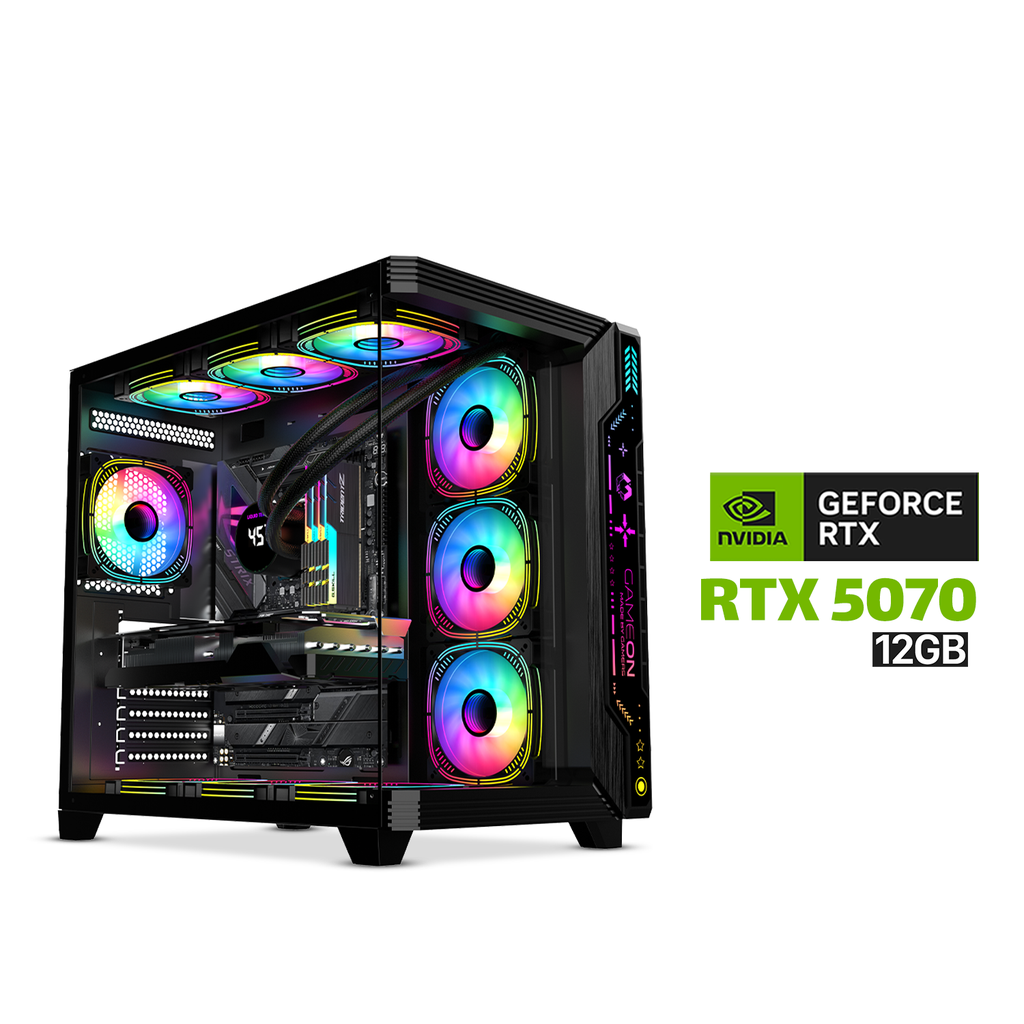 Gaming PC AMD RYZEN 7 7800X3D, MSI Pro B840-P WiFi DDR5 PCIe 4.0 MB, 32GB DDR5 (6000) RAM, 2TB NVMe (6000) SSD, RTX 5070 12GB VGA, 850 WATT GOLD PSU, AZZA L360 Liquid Cooler, GameOn Pulse Series Mid Tower Case With 7x RGB Fans, Windows 11 Pro License