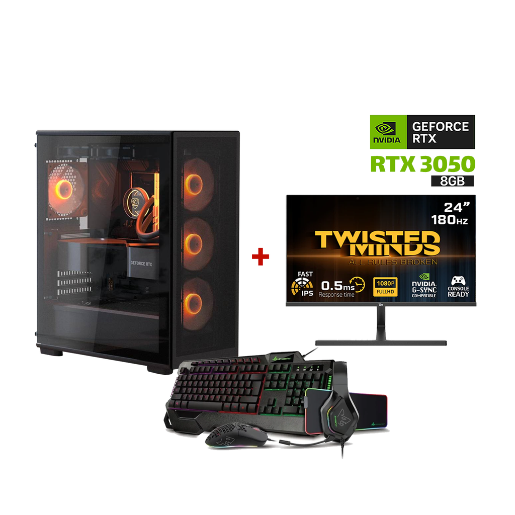 [NS029602] Gaming PC i5-12400F CPU,H610 D4 MB,16GB D4 Ram,1TB NVME SSD,RTX 3050 8GB VGA,650 WATT PSU,Cougar MX220 RGB Mid Tower Case,4x RGB Fans,Win 11 Pro (License) Twisted Minds 24'' FHD 180Hz Monitor,SharX Jaws Wried Gaming Keyboard,Mouse,Headset,MousePad