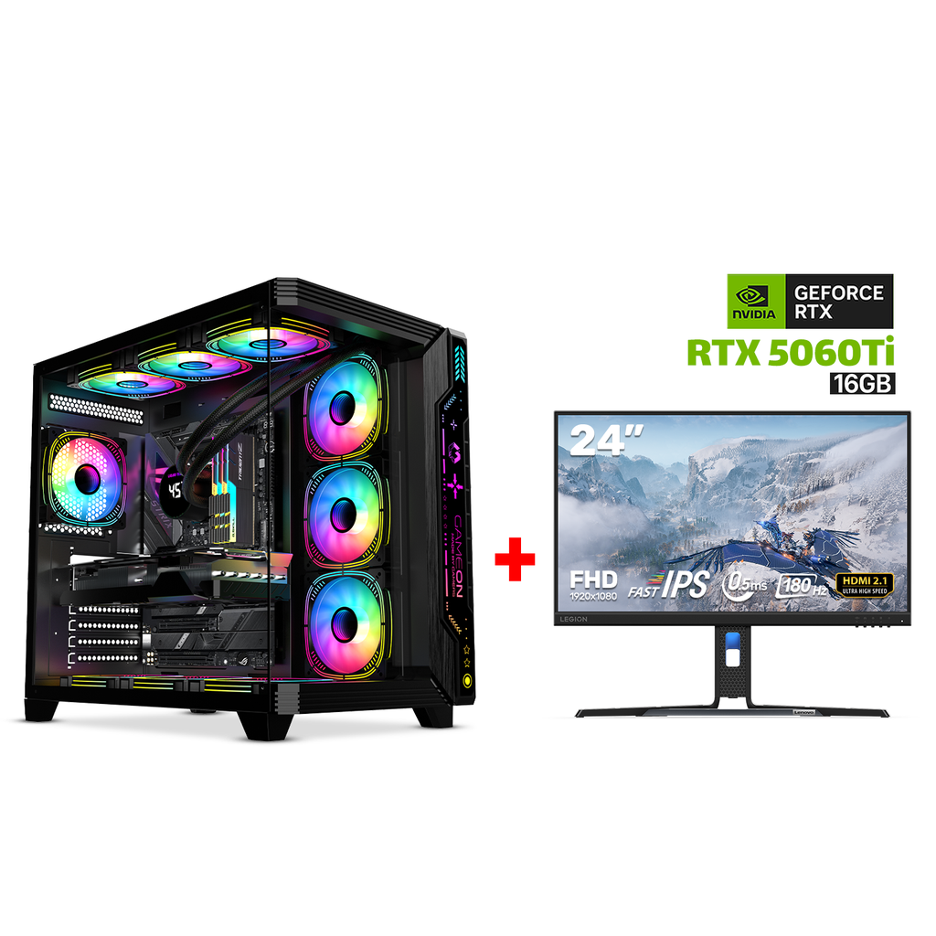 [NS028748] Gaming PC i5-14400F CPU, B760M DDR5 MB, 32GB DDR5 RAM, 1TB NVMe SSD, GeForce RTX 5060 Ti 16GB VGA, 750 WATT PSU, GameOn Pulse Series Mid Tower Case, USB Wi-Fi Adapter, Win 11 Pro (License), Lenovo Legion R24E 23.8" FHD 180Hz Gaming Monitor (67CCGAC4A