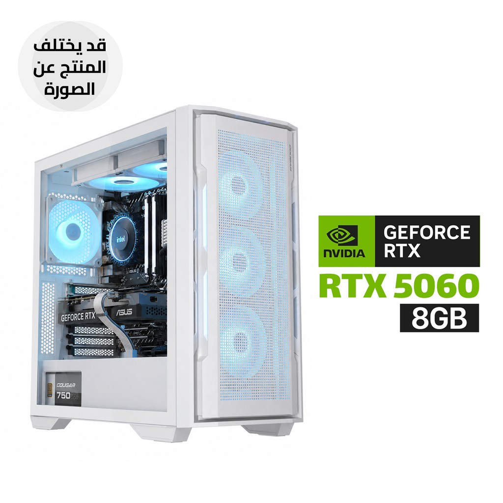 Gaming PC i5-14400F Processor, ASUS H610 D5 WIFI Motherboard, 16GB DDR5 RAM, 1TB NVMe SSD, RTX 5060 8GB VGA, 750 WATT PSU, Cougar AIRFACE 180 Series Mid Tower Case White 3x ARGB Fans, Windows 11 Pro (License)