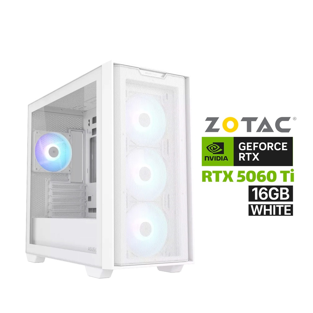Gaming PC i5-14400F Processor, GIGABYTE B760 DDR5 Motherboard, 16GB DDR5 RAM, 1TB NVMe SSD, ZOTAC RTX 5060 TI 16GB White Graphics Card, 750 WATT GOLD PSU, Asus A21 Plus Micro ATX Case 4x ARGB Fans, USB Wi-Fi Adapter, Windows 11 Pro License