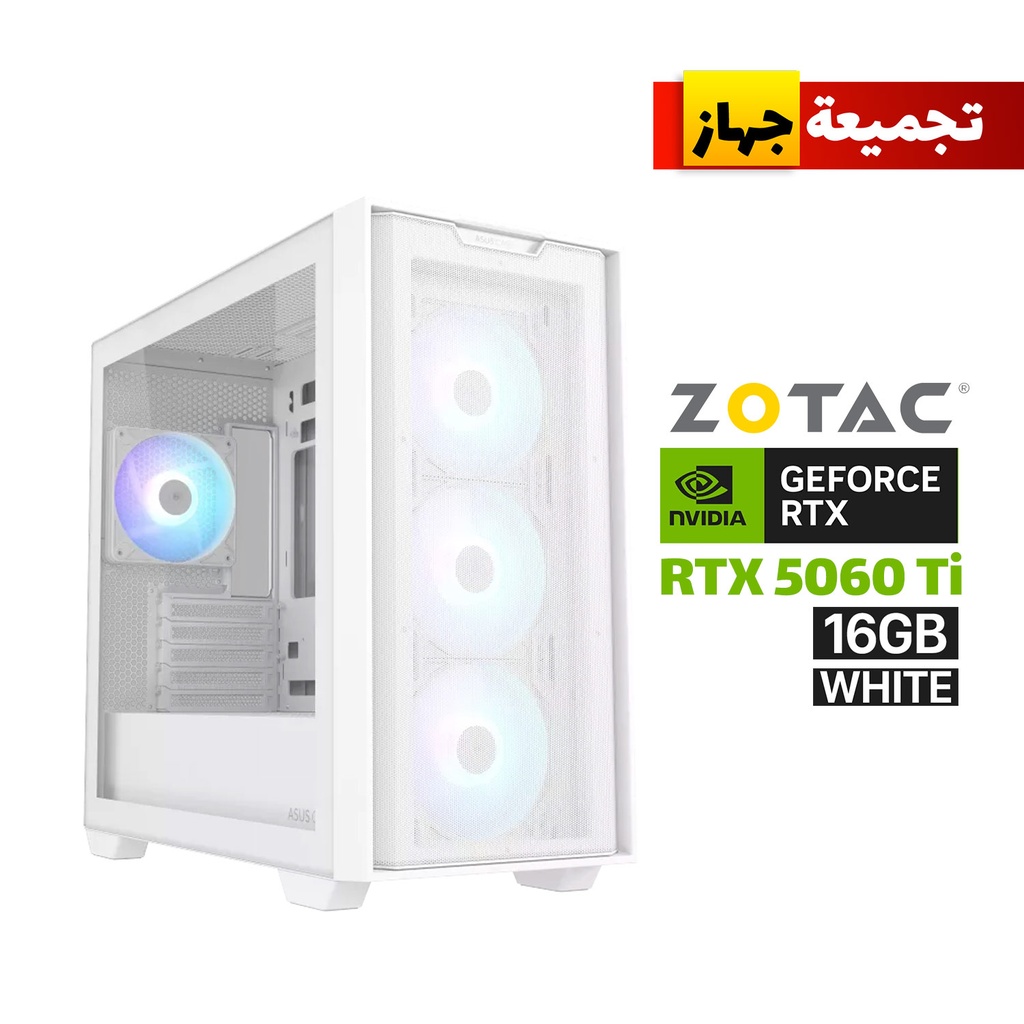 [NS031377] Gaming PC i5-14400F Processor, GIGABYTE B760 DDR5 Motherboard, 16GB DDR5 RAM, 1TB NVMe SSD, ZOTAC RTX 5060 TI 16GB White Graphics Card, 750 WATT GOLD PSU, Asus A21 Plus Micro ATX Case 4x ARGB Fans, USB Wi-Fi Adapter, Windows 11 Pro License